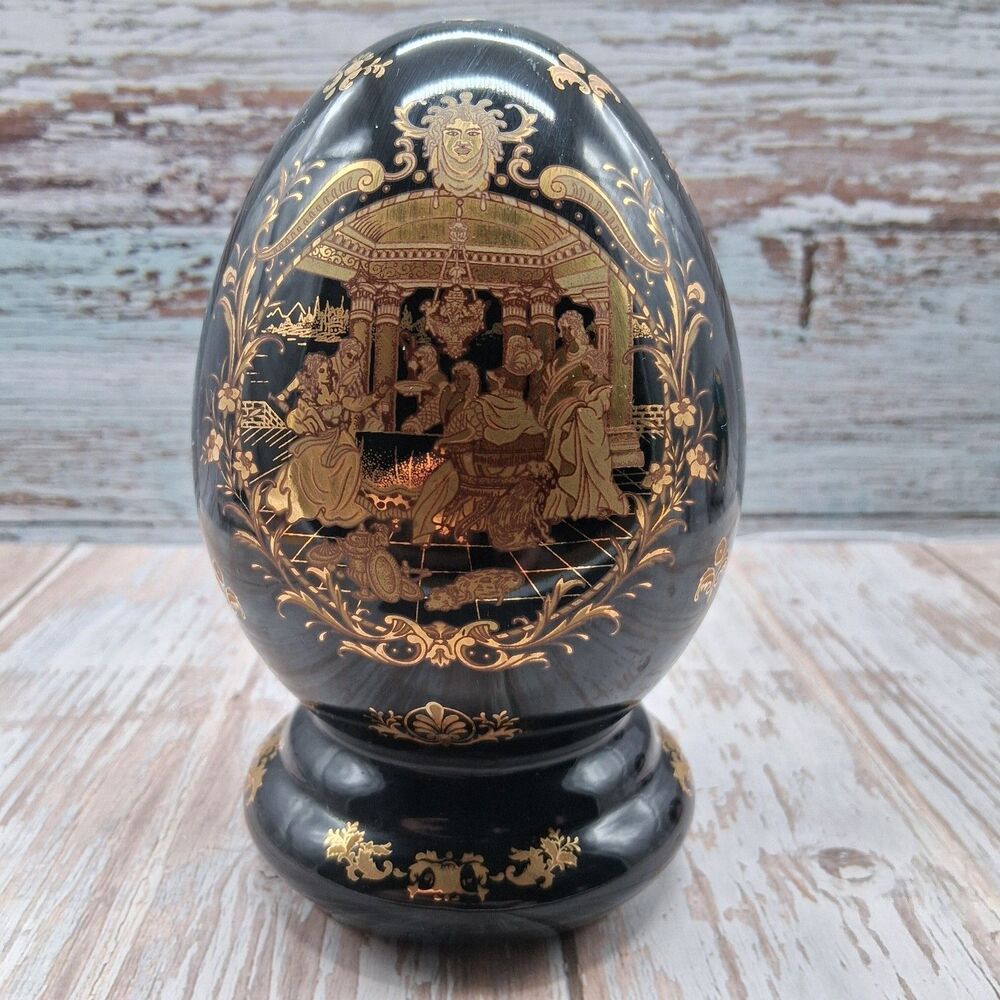 Satsuma Style Decorative Egg Black & Gold Gilded Ornate Romen Scene 6" Porcelain